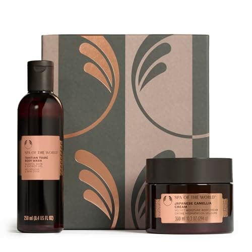 Image of The Body Shop Spa Duo Gift Set, Tahitian Tiaré Body Wash 250ml, Japanese Camellia Body Cream 300ml, Luxury Body Care Set, Cleansing, Softening, Hydrating, Floral Spa Skincare Gift
