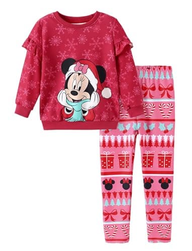 Image of Disney Frozen Minnie Mouse Stitch Princess Autumn Toddler Girls Outfit 2-Piece Girls' Clothing Long Sleeve Sweatshirt and Leggings, Minnie Christmas Light Red, 9-10 Jahre