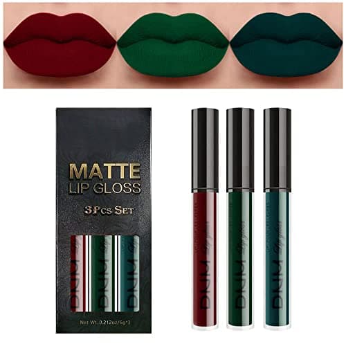 Image of 3Pcs Dark Green Army Green Cherry Red Matte Lipstick Lip Stain Sets, Long Lasting Matte Lipstick Lip Stain Lip Gloss Set 24 Hour Waterproof Matt Lipsticks Set (Set08)