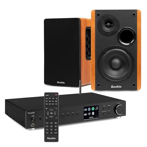 Image of Audizio Adria DAB+ Internet Radio & Bookshelf Speaker HiFi System with Spotify, Bluetooth, WiFi, FM, USB, Complete Streaming Music Solution for Home or Small Business - Wood Finish, 80W Kit.
