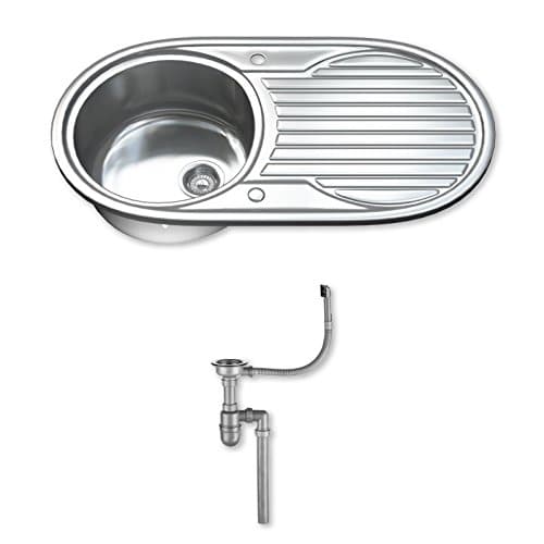 Image of Dihl 1061 Kitchen Sink with Drainer, Single Bowl 1.0, Oval, 304 Stainless Steel, Silver, 90 x 47 cm, Inset, Includes Full Waste Kit and fixings