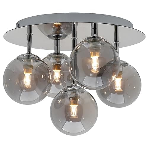 Image of Mega Socket 5 Bulb Round Cluster Ceiling Light Glass Globe Lamp Shades Smoked Grey Flush Mount Chrome Ceiling Light Fitting H3106F