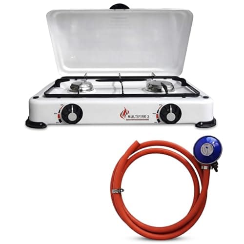 Image of BRENNER Double Burner Gas Camping Stove – Portable Outdoor Gas Cooker with Enamel Lid & Butane 21mm Clip-on Regulator – Lightweight Camping Kitchen Equipment for Caravan BBQ, Picnic & Festival Cooking