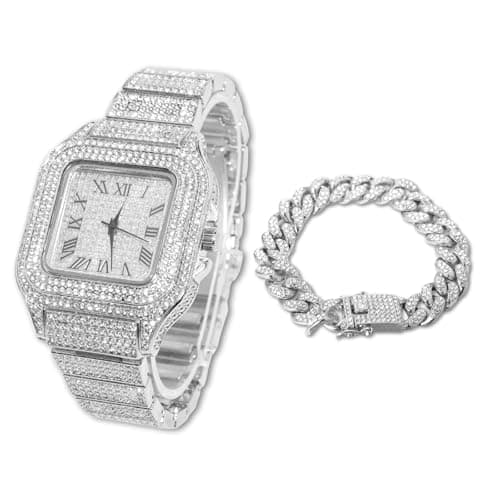 Image of HALUKAKAH Diamonds Gold Watch Iced Out, Men's Platinum White Gold Plated 40MM Width Square Dial Quartz Wristband 24cm with Cuban Link Chain 20 Bracelet Set, Free Giftbox