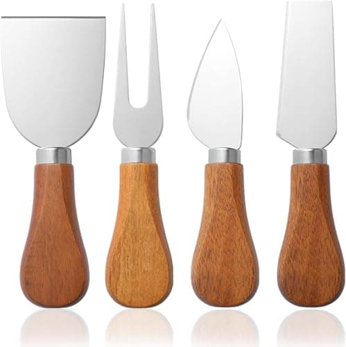 Image of YUANQIAN 4-Piece Stainless Steel Cheese Knives Set with Wooden Handle & Gold Accents - Cheese Slicer, Spreader, Fork & Prickle - Luxury Charcuterie Board Accessories for Entertaining