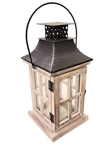 Image of Vintage Decorative Lantern Candle Holder Wooden Rustic Farmhouse Wedding Centerpiece Lantern for Table Top Mantle Wall Hanging Display Party Home Decor Indoor Outdoor Christmas (Style A)