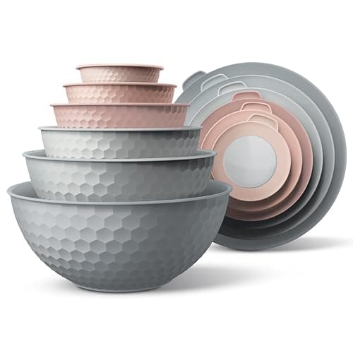 Image of Cook with Color Mixing Bowls with Lids - 12 Piece Plastic Nesting Bowls Set Includes 6 Prep Bowls and 6 Lids, Non Slip Bottom and Embossed Design - Microwave Safe (Pink)