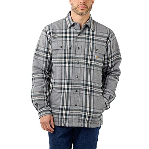 Image of Carhartt 105430 Relaxed Fit Heavyweight Flannel Sherpa Lined Shirt Jacket ASPHALT S