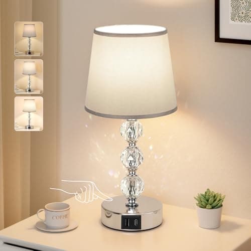 Image of Aooshine Table Lamps for Living Room, Bedside Lamps for Bedroom, Touch Table Lamps with USB-C USB-A Charging Ports, Bedroom Lamps with Grey Shade (LED Bulb Included)