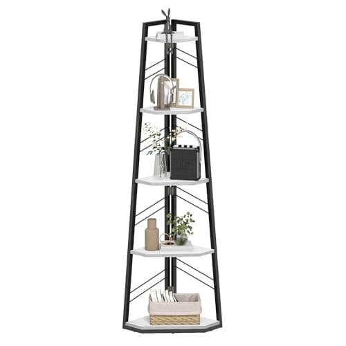 Image of DWVO Corner Shelf 5 Tiers, Corner Bookshelf with Metal Frame, Industrial Ladder Bookcase Floorstanding Display Shelf Tall Storage Rack for Living Room Kitchen Bedroom, White Book Shelves