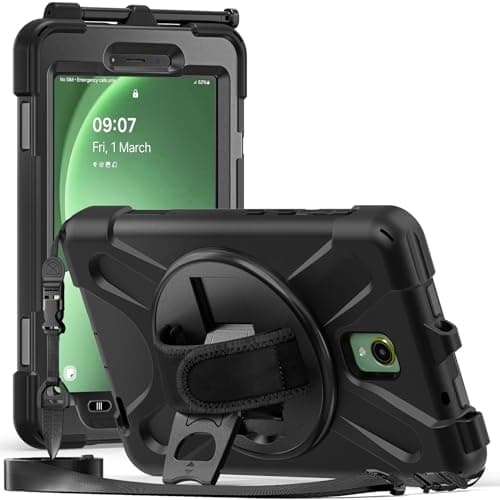 Image of Fonrest Rugged Case for Samsung Galaxy Tab Active5 5G 8'' (SM-X300/X306B 2024)/Active 3 T570/T575 w/ 360° Rotatable Kickstand, Heavy Duty Shockproof Armor Cover w/Hand/Shoulder Strap (Black)