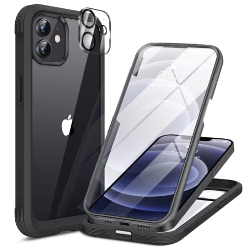 Image of Miracase Compatible with iPhone 12/12 Pro Case 6.1 inch, [Built-in Glass Screen Protector] Full Body Rubber Bumper Case Cover (Black)
