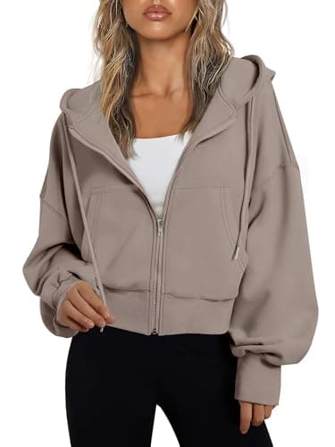 Image of Jhsnjnr Womens Sport Jacket Zip Up Hooded Sweatshirt with Pockets Casual Drawstring Long Sleeve Crop Hoodie Light Brown