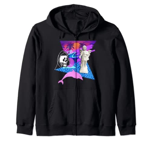 Image of Vaporwave Reaper Horror Angel Statue Scary Dolphin Palm Zip Hoodie