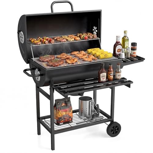 Image of COSTWAY Charcoal BBQ Grill, Garden Barbecue Trolley with Wheels, Shelves and Thermometer, Outdoor Smoker Barbecue Griller for Camping Picnic Party (with Ash Box, Front & Side Table)