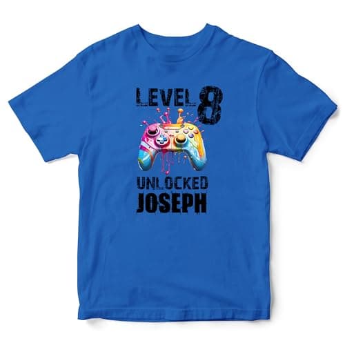 Image of Personalised Paint Splatter Gaming T Shirt Kids Custom Level Unlocked Tee Boys Girls Gamepad Top, 3-4 Years, Royal Blue