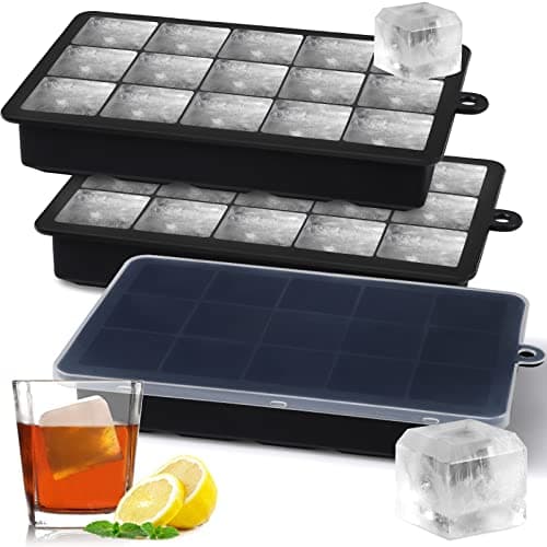Image of Sinnsally Silicone Ice Cube Trays,15 Square Ice Cube Tray with Lid,3 Pack Ice Cube Moulds Set,Ice Molds Silicone,Ice Cube Maker,Large Ice Trays for Whiskey Freezer Containers,Easy Release & BPA Free
