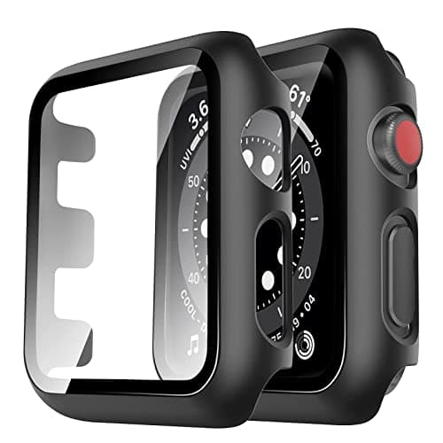 Image of TAURI 2 Pack Hard Case for Apple Watch Series 3/2/1 38mm with 9H Tempered Glass Screen Protector, [Touch Sensitive] [Full Coverage] Slim Bumper Protective Cover for iWatch 38mm - Black