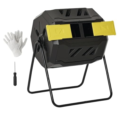 Image of Outsunny 160L Tumbling Compost Bin Outdoor Dual Chamber 360° Rotating Composter, Garden Compost Bin w/Sliding Doors & Solid Steel Frame, Yellow