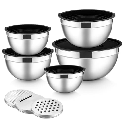 Image of HaWare Mixing Bowls, 5 Piece Stainless Steel Nesting Salad Bowl with Airtight Lids & 3 Grates, Idea for Kitchen Baking/Prepping/Serving/Food Storage, Dishwasher Safe- 0.7/1/1.5/2.6/4.6L, Black