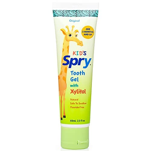Image of Spry Natural Xylitol Toothpaste for Baby, Toddler and Kids Age 3 Months and Up - Fluoride Free Tooth Gel, Tasty, Support Development of Emerging Teeth, Original 2 Fl Oz (Pack of 1)