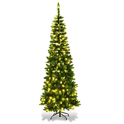 Image of 6Ft/1.8m Pre-Lit Artificial Slim Christmas Tree Green Pencil Tree, Pointed Tips, Metal Stand Warm White LEDs Lights Holiday Home Decorations