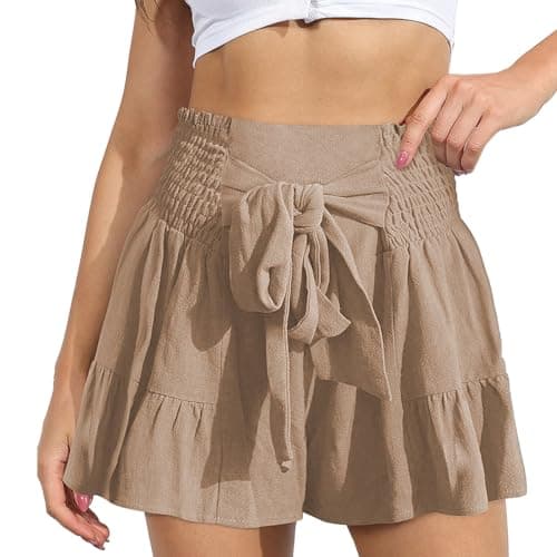 Image of EMOTTOS Womens Shorts Elastic Summer, Elastic High Waisted Shorts with Bowknot Wide Leg Pleated Shorts Casual Lightweight Loose Fit for Ladies, Apricot L