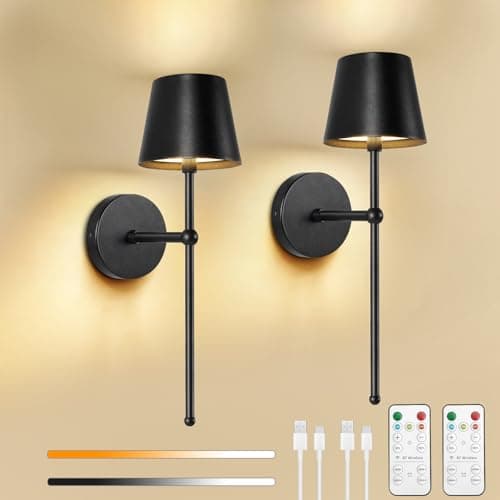 Image of Rechargeable Wall Lights Set of 2, Battery Operated Wall Lights with Dimmable, 3 Color Temperature& Remote, 5200mAh Wireless Wall Sconces Lights Indoor for Livingroom, Bedroom, Dining, Hallway, Black