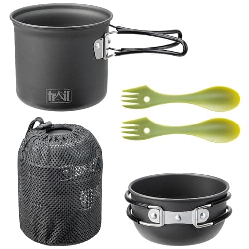Image of Trail Camping Cookware Set, 1-2 Person Outdoor Hiking Camp Cooking Kit, Non Stick Hard Anodised Aluminium, 400ml & 900ml Cook Pots/Bowls, 2 x PP Sporks, Lightweight Portable Stackable with Mesh Bag