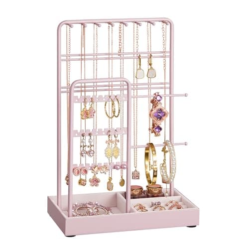 Image of SONGMICS Jewellery Stand, Jewellery Organiser, Jewellery Display Stand with Metal Frame and Velvet Tray, Earring Bracelet Holder, Necklace Stand, for Studs, Rings, Gift Idea, Jelly Pink JJS021R01