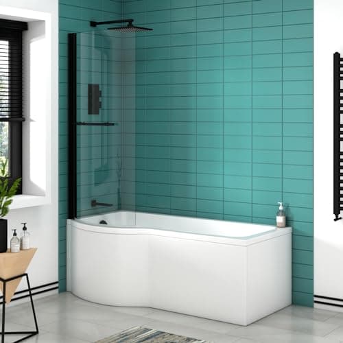 Image of Elva 1700 x 850mm Left Hand Curved P-Shaped Shower Bath tub with Front Panel & Black Shower Screen