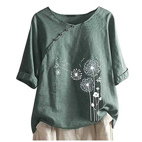 Image of Keepink Linen Tops for Women UK Sale Elegant Short Sleeve T Shirts Funny Dandelio Graphic T-Shirt Casual Loose Tunic Blouse Oversized Round Neck Pullover Summer Tee Shirt Plus Top 10-24
