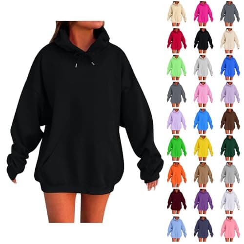 Image of Black Hoodie Women Womens Hoodies Oversized Ladies Casual Pullover Tops Long Sleeve Solid Color Hoodie Autumn Winter Sweatshirts with Pockets Women'S Sweatshirts