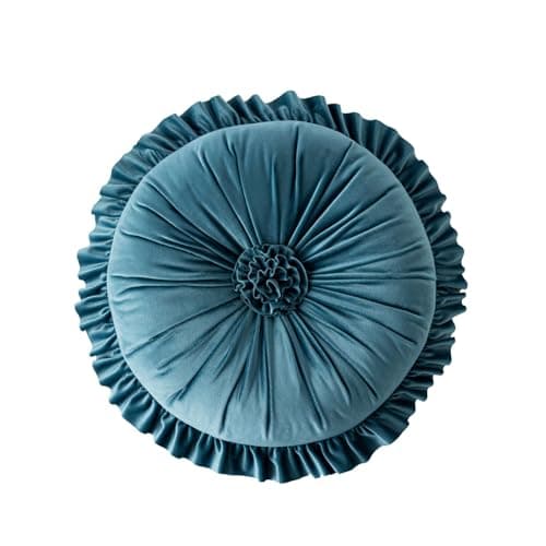 Image of HUIZHENSHENG 13.8" Soft Pleated Flower Circle Cushion,Boho Velvet Ruffle Round Throw Pillowfor Sofa Bed Chair Car Floor Home Decor(Color:blue)