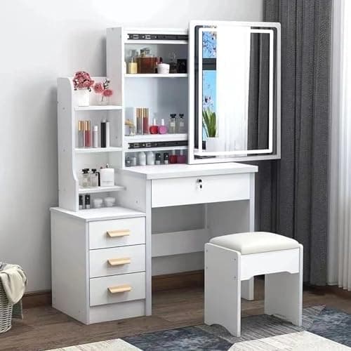Image of Dressing Table,LED Lights with Adjustable Brightness,Vanity Table with Mirror,4 Drawers,6 Shelves,Makeup Table with Mirror and Stool,Makeup Desk Modern Bedroom Dressing Tables with LED Lights (White)