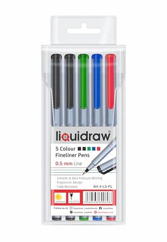 Image of Liquidraw Fineliner Colouring Pens - 5 Pack | 0.5 mm Fine Tip | Assorted Vibrant Colours | Ideal for School, Work & Office Use | For Architects, Technical Drawing, Handwriting, Calligraphy, Sketching