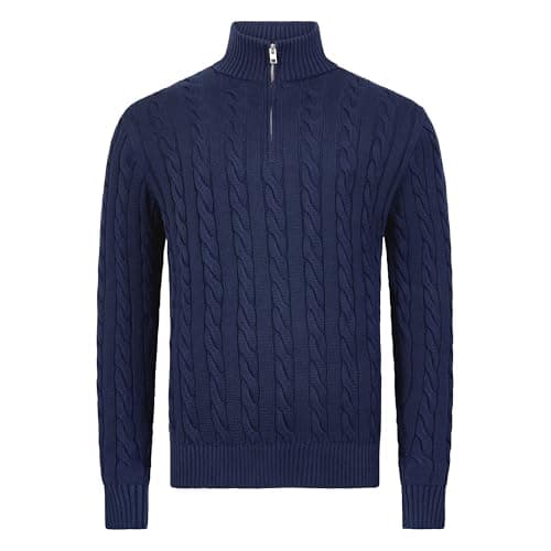 Image of SPIRIT OF ESSEX Mens Quarter Zip Cotton Jumper – Soft Cable Knitted Pullover Sweater, Classic Casual Knitwear for Autumn & Winter (UK, Alpha, L, Regular, Regular, Navy)