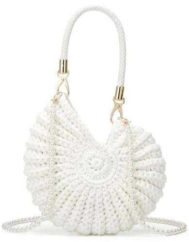 Image of Handmade Crochet Seashell Bag - Women's Boho Beach Tote Handbag with Pearl Accent, Crochet Shell Purse for Summer Vacation, Shoulder Crossbody Hobo Clutch (White)