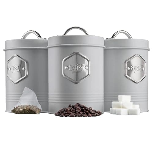 Image of Cooks Professional 3 Piece Tea Coffee Sugar Cannister Set | Labelled Storage Tins | Containers with Airtight Lids | Canisters for Kitchen Accessories & Essentials | Grey & Silver
