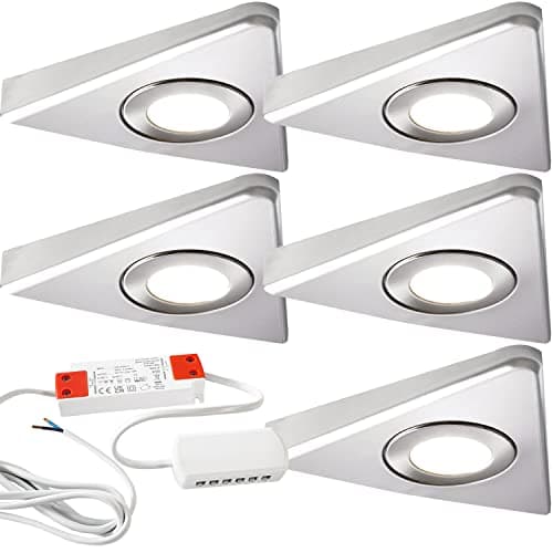 Image of Modern Triangle Under Cabinet Kitchen Light & Driver Kit – Smooth Diffused LED – Slim Pyramid Worktop Light – Low Profile Surface Mounted (5X Light & Driver, Warm White LED, Brushed Nickel Bezel)