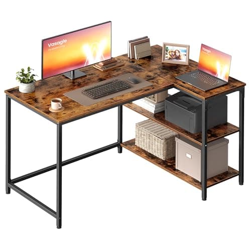 Image of VASAGLE L Shaped Corner Desk, Computer Gaming Desk with Storage, Reversible Height-Adjustable Shelves, for Home Office, 110 x 80 cm, Rustic Brown LWD135KD01