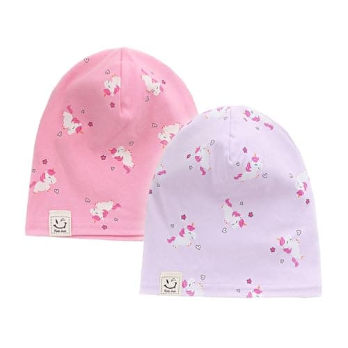 Image of FUYAO Baby Beanie Hat 2 Pack Toddler Kids Soft Cotton Skull Cap Little Boys Girls Warm Hats for Spring Autumn (UK, Age, 1 Year, 6 Years, Unicorn Pink + Unicorn Purple)