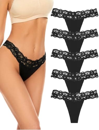 Image of VOENXE Black Seamless Women Lace Thong Underwear,No Show Ladies Knickers,Lady Breathable Thong Multipack,No VPL Comfortable Panties Soft Laser Cut Undie Tanga,Woman Lacy Side G String Underpant,5-Pack
