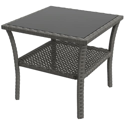 Image of Outsunny 50cm Outdoor PE Rattan Coffee Table, Patio Wicker Two-tier Side Table with Glass Top, for Patio, Garden, Balcony, Grey