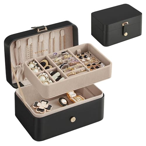 Image of SONGMICS Jewellery Box, 2-Layer Jewellery Storage, 11 x 16 x 8 cm Travel Jewellery Box, Portable Jewellery Case, Small, Spacious, for Larger Accessories, Gift Idea, Ink Black JBC166B01