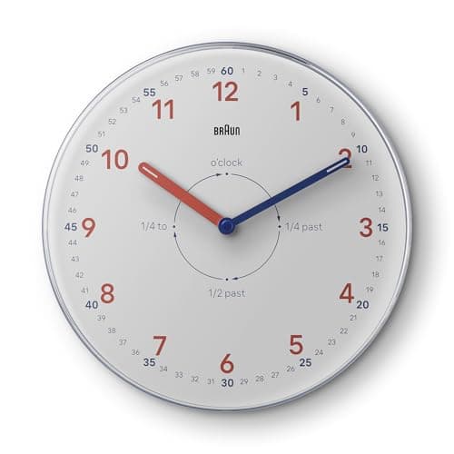 Image of Braun Analogue Time Teacher Wall Clock with Silent Quartz Movement, Easy to Read Dial, 23cm Diameter in White, Model BC26TW.