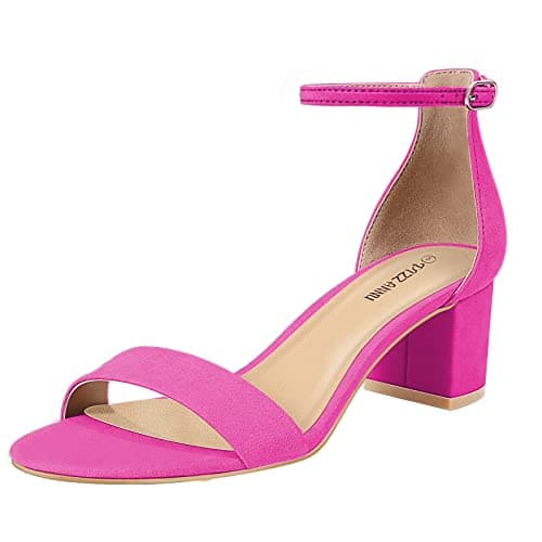 Image of PIZZ ANNU Womens Sandals Mid Block Heel Ankle Strap Wedding Shoes for Bride Open Toe Ladies Sparkly Glitter Evening Party Hot Pink Size 3.5/4