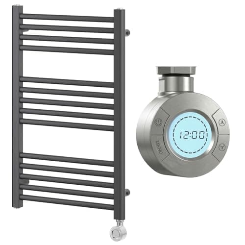 Image of Go Bathrooms Nola 770 x 500mm Electric Heated Towel Rail Grey Smart Bathroom Radiator Wall Mounted Ladder Rack Energy Efficient Electric Towel Warmer 1000 Watts