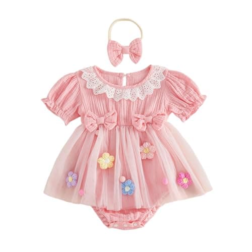 Image of XIXIMAON Newborn Baby Romper Dress Girl Summer Clothes Short Sleeve Linen Jumpsuit Crochet Flower Decor Tulle Skirt Infant Birthday Outfit Bow Headband (Pink, 6-12 Months)