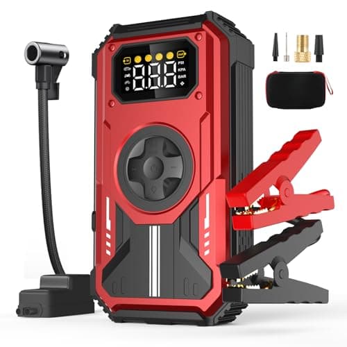 Image of Eigotrav 7-in-1 Jump Starter Power Pack, 6000A Car Battery Booster (10L Gas/8.5L Diesel) with 150PSI Air Compressor, 12V Portable Car Jump Starter Power Bank with LCD Display, LED Light, Red